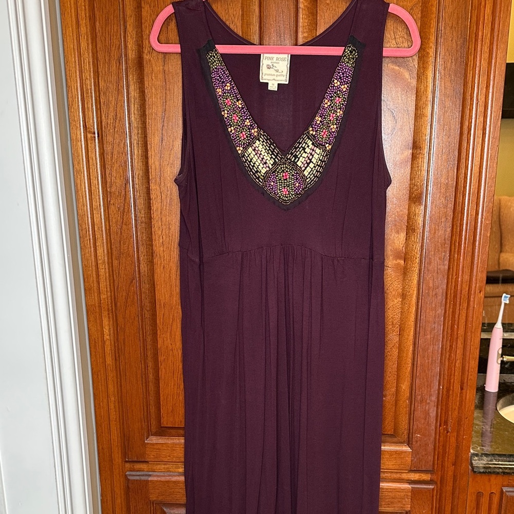 Pink Rose Plum Maxi Dress with Beaded Neckline